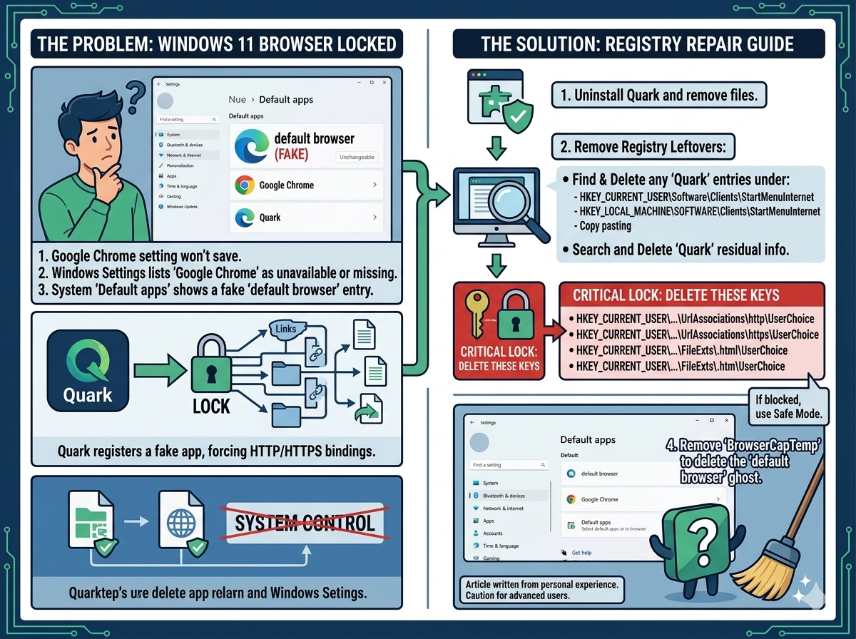 Windows默认浏览器被夸克锁死，显示“Default browser”无法修改的终极解决方案