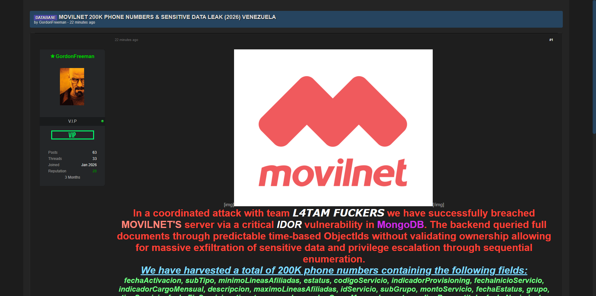 暗网新闻 | 委内瑞拉Movilnet电信公司20万电话号码及敏感数据泄露