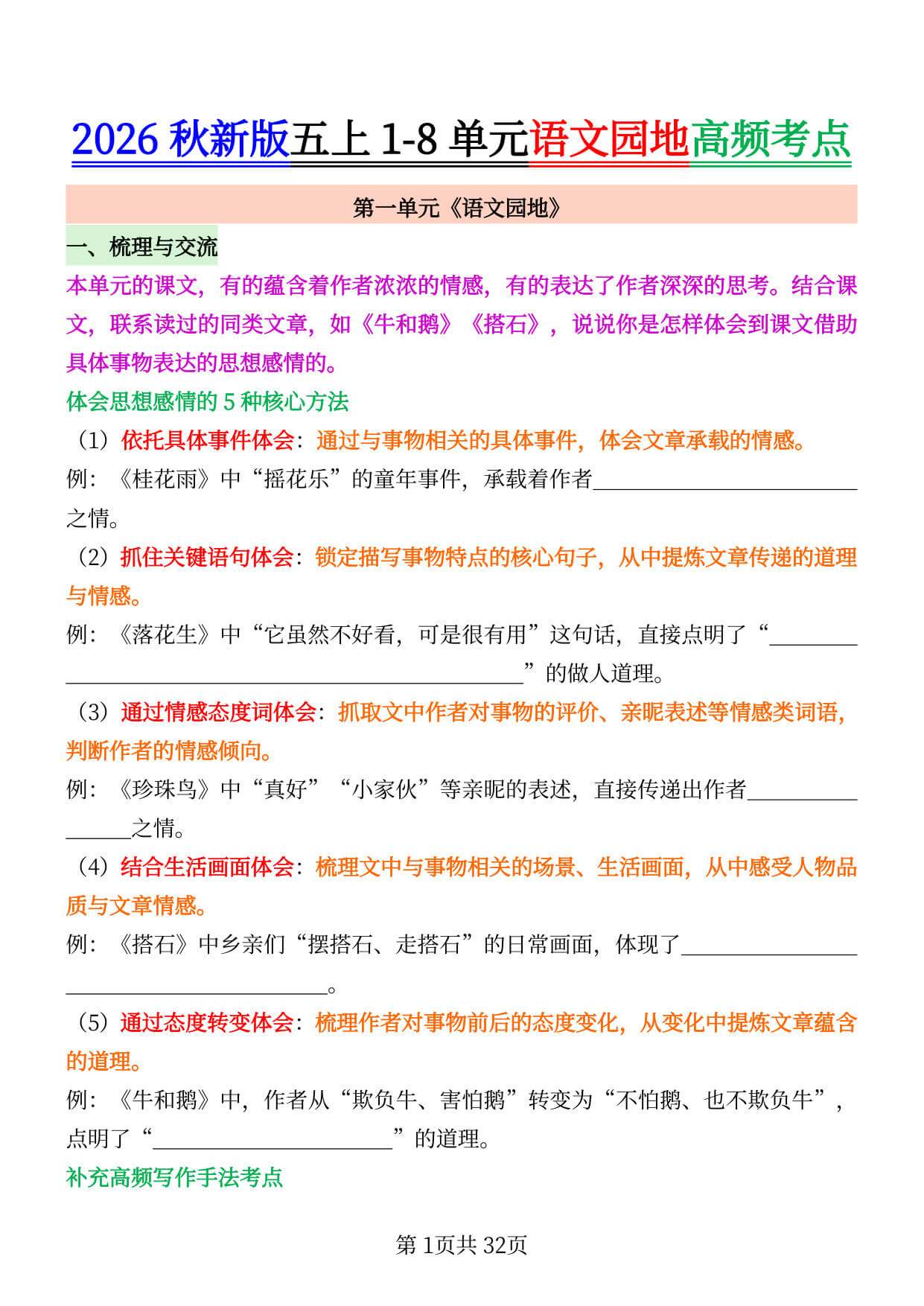 2026秋五年级上册1-8单元语文园地高频考点归纳 - 空白版 & 答案版-1.jpg
