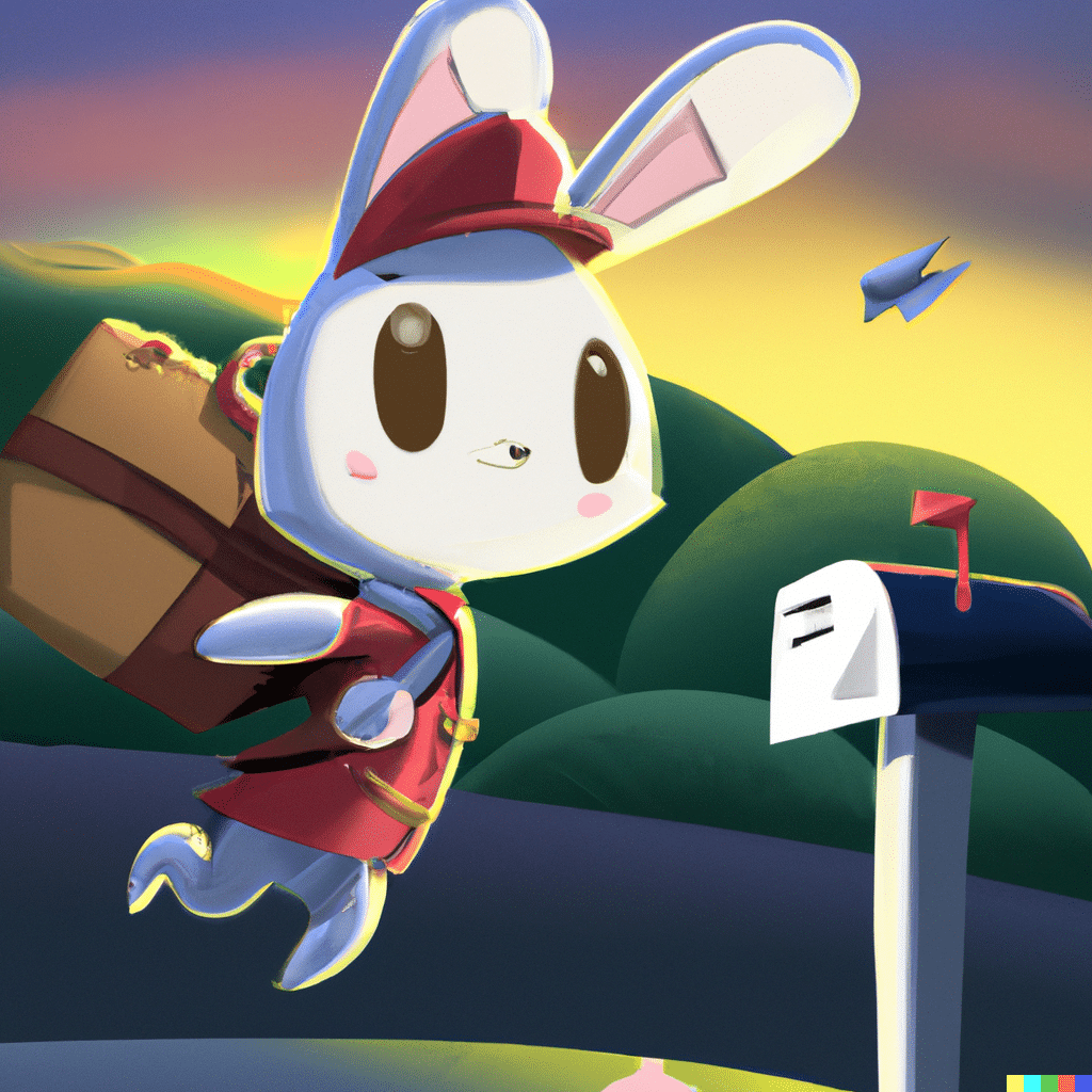 DALL·E 2022-07-28 11_02_31 - a rabbit postman that fly with his ears, cute style but a little realistic style in a fantasy world.png