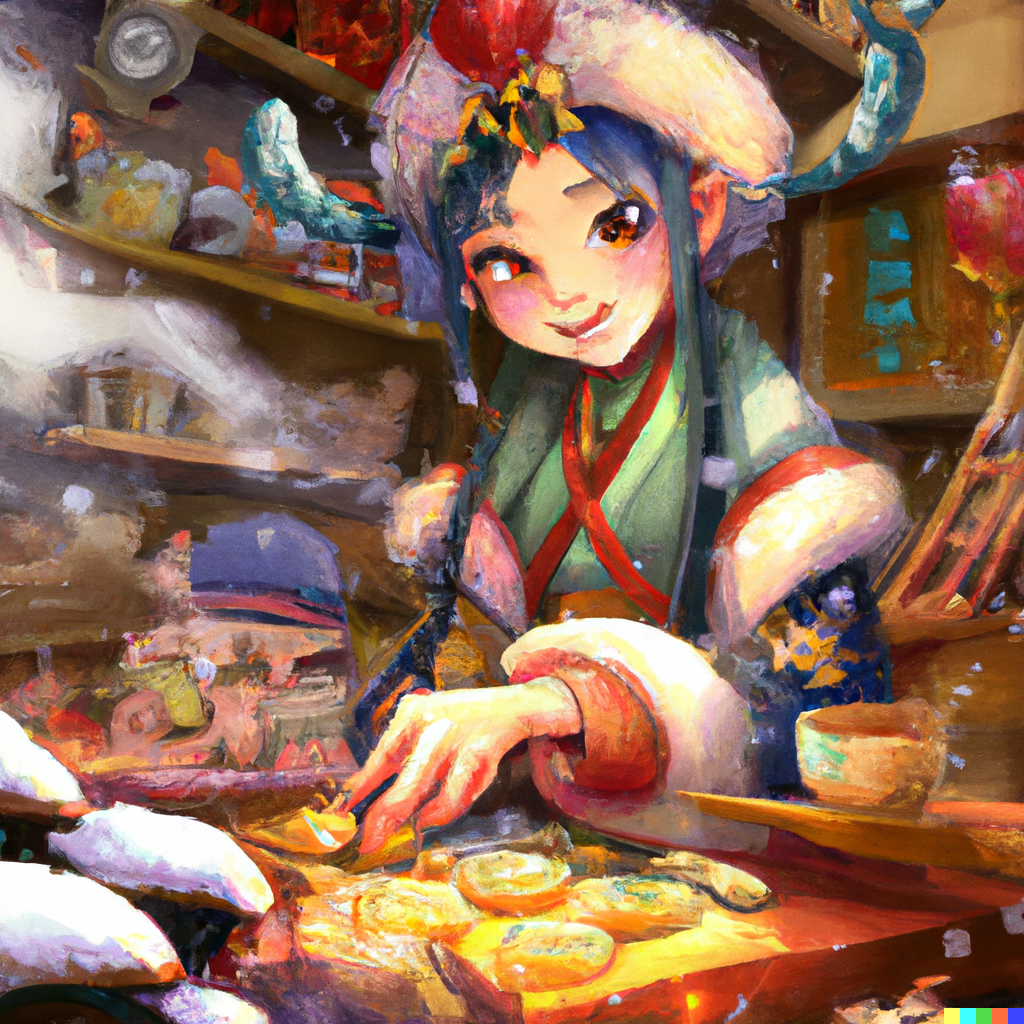 DALL·E 2022-07-28 11_03_34 - an Snow Maiden making Xiao Long Bao, in magic kitchen, wearing kimono, japan anime style , digital art.png