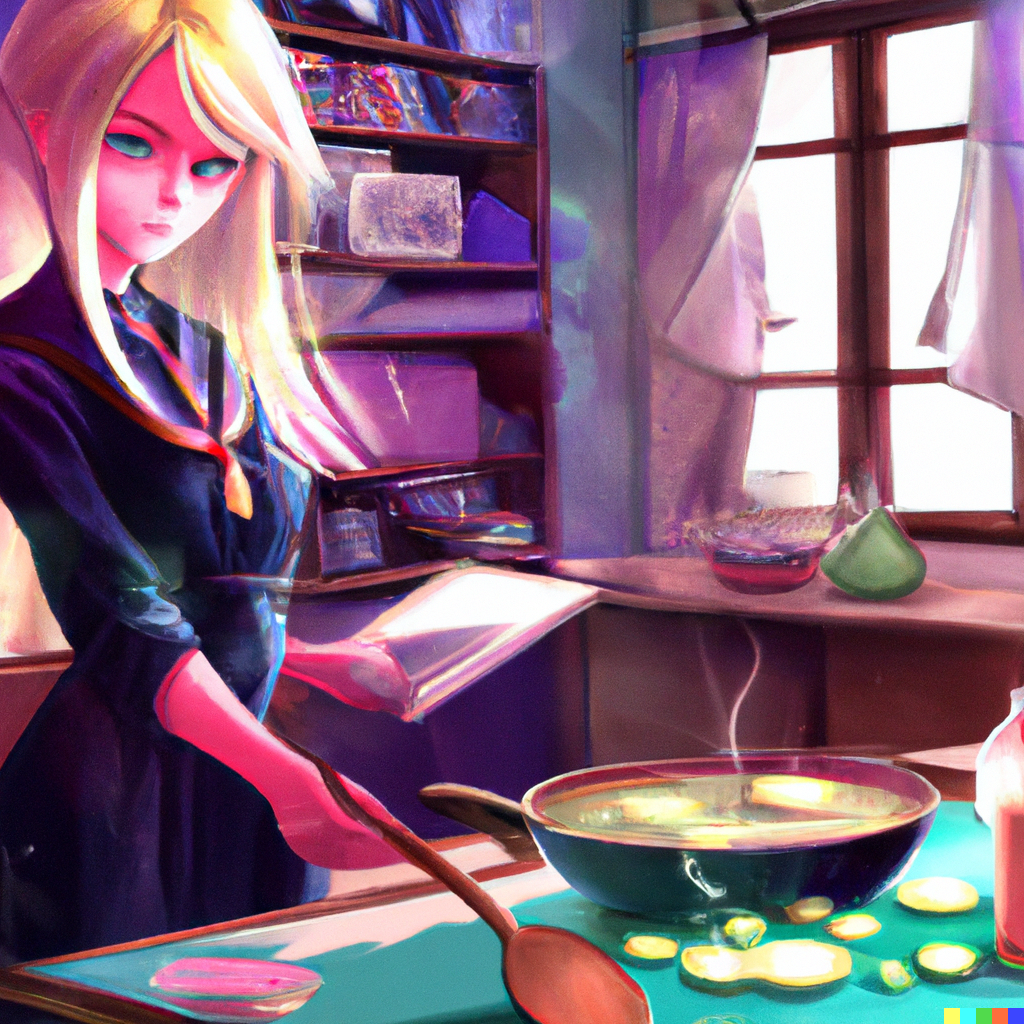 DALL·E 2022-07-28 11_02_44 - In a dormitory of the Academy of Magic , a blonde aristocratic student is cooking food, digital art , japan anime style.png