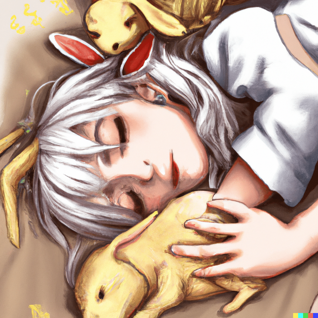 DALL·E 2022-07-28 11_01_15 - an girl with white hair and horns is playing with two rabbits, and a dachshund sleeping, anime style , digital art , cute.png